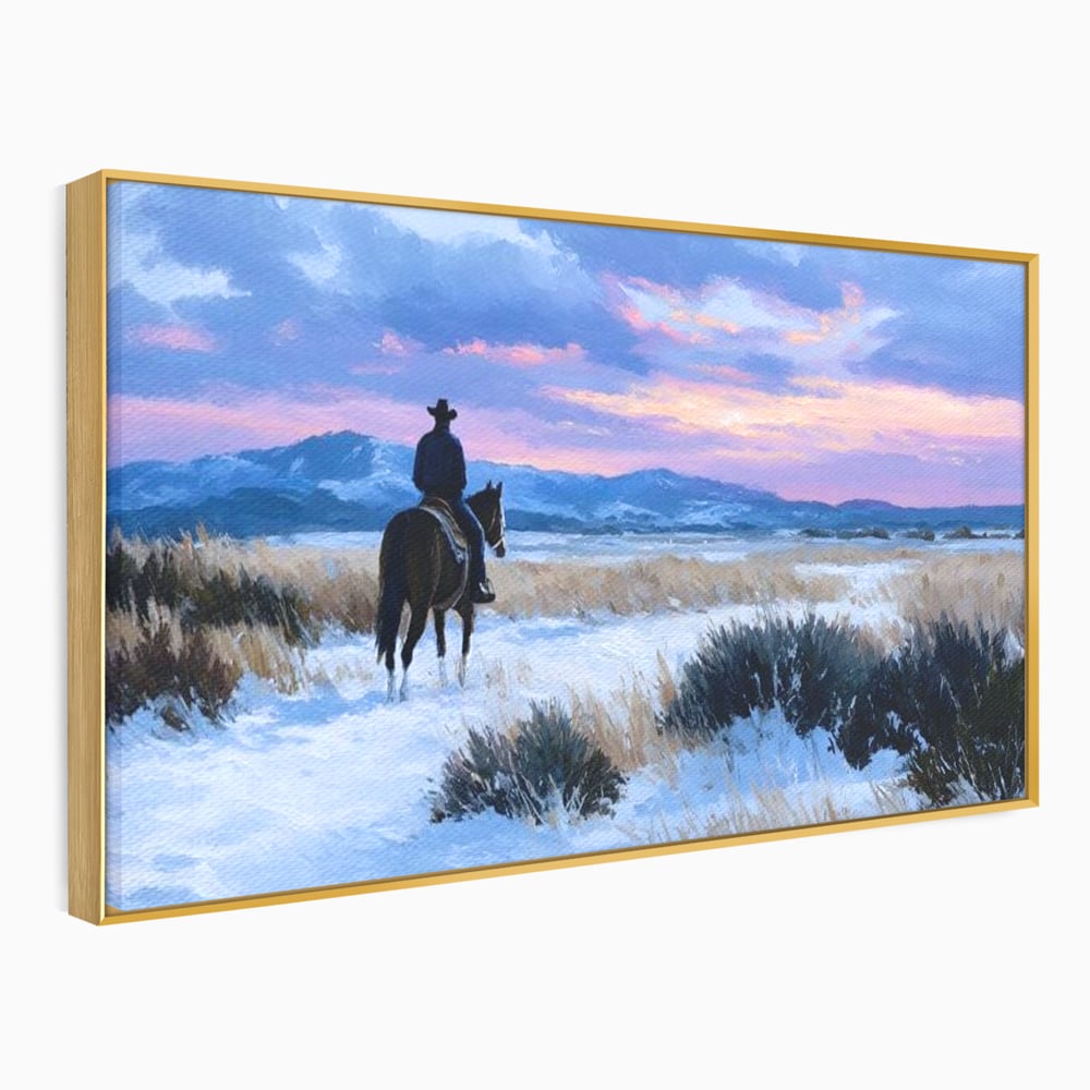 Tablou canvas cu pictura cu calaret cowboy in zapada, in rama de aluminiu auriu